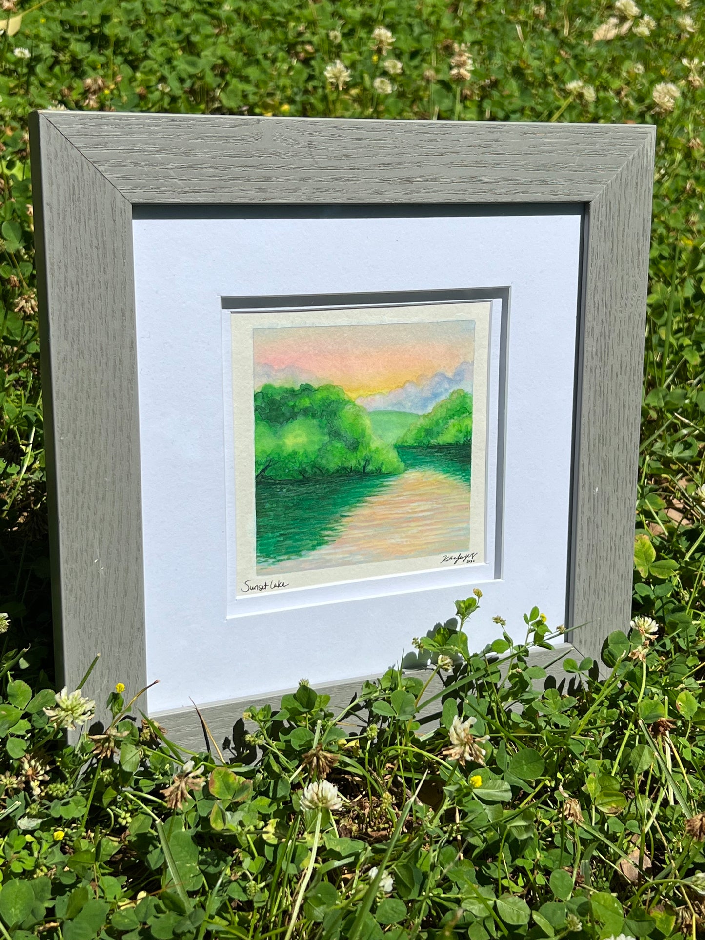 Original Framed Sunset Lake Watercolor