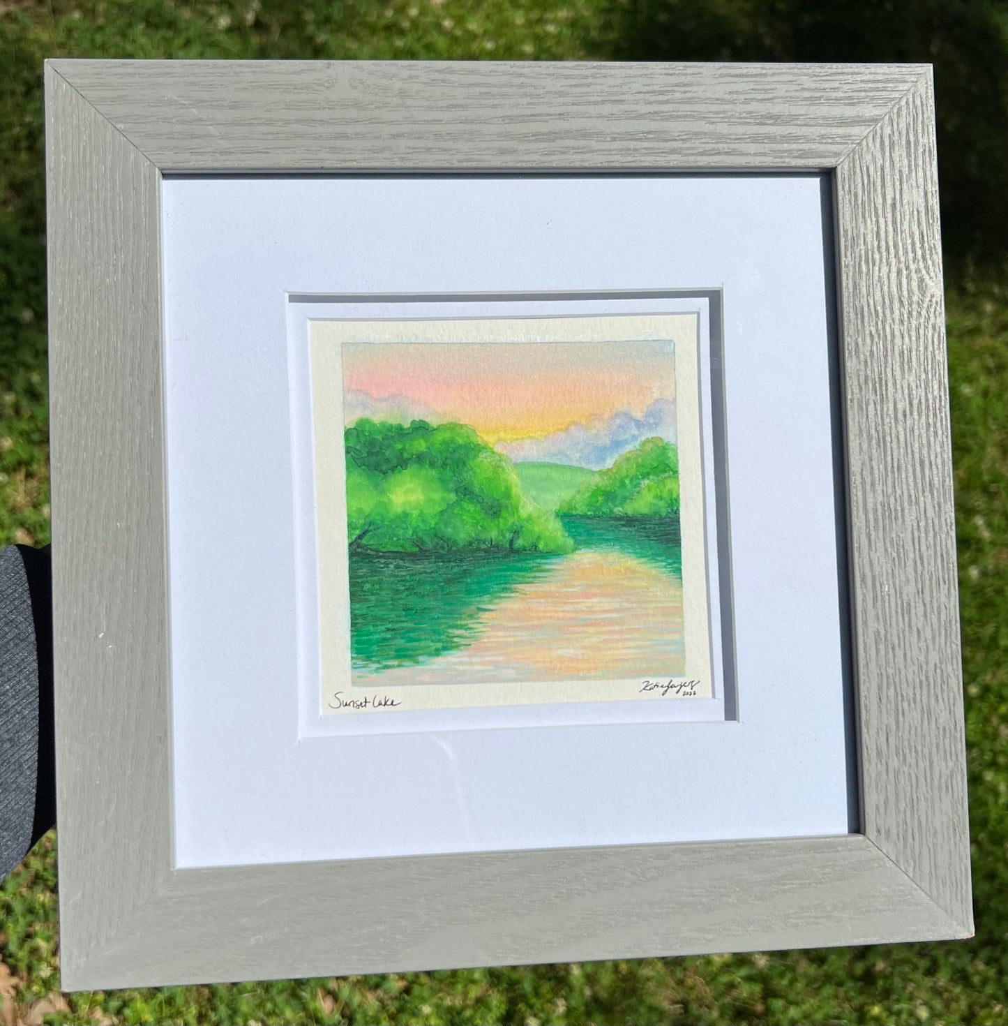 Original Framed Sunset Lake Watercolor
