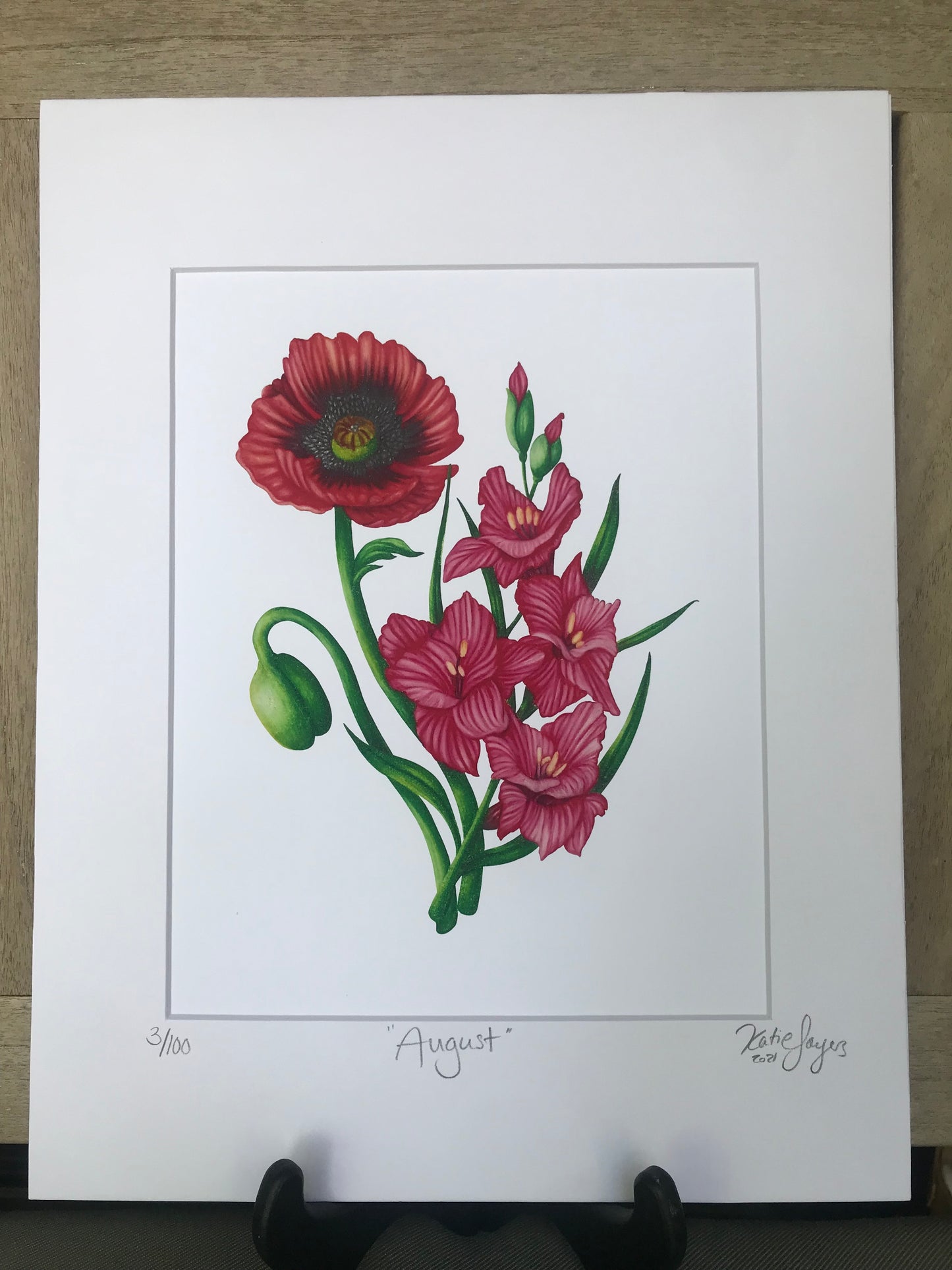 August Birth Flowers Botanical Illustration, Poppy and Gladiolus'
