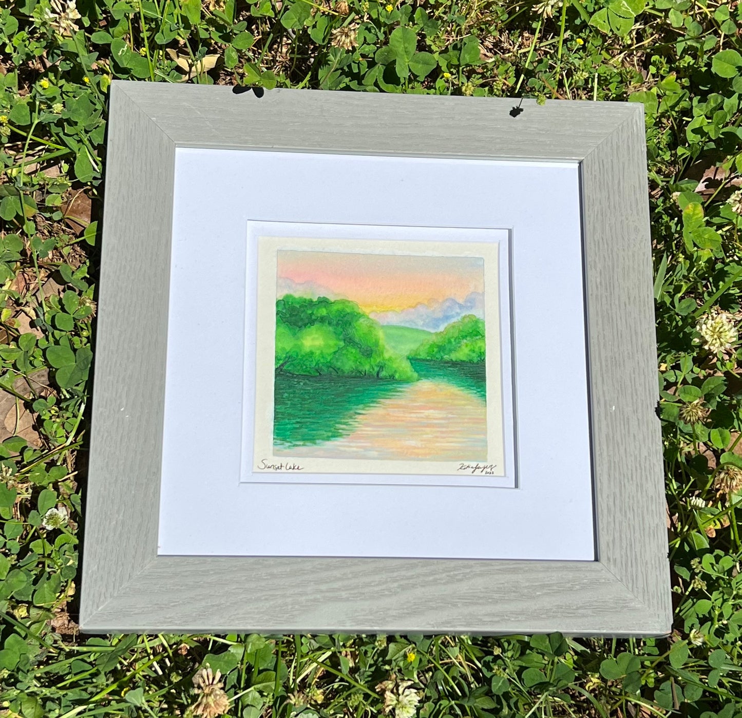 Original Framed Sunset Lake Watercolor